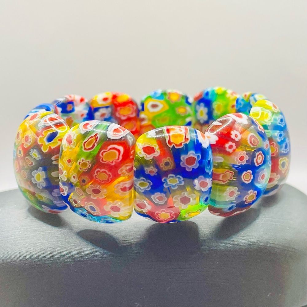 Millefiori Murano glass stretch bracelet. Vibrant Red, blue, green, and yellow